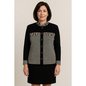 Vintage 80s 90s Peter Popovitch Houndstooth Knit Jacket Gold Trim USA Made Sz M